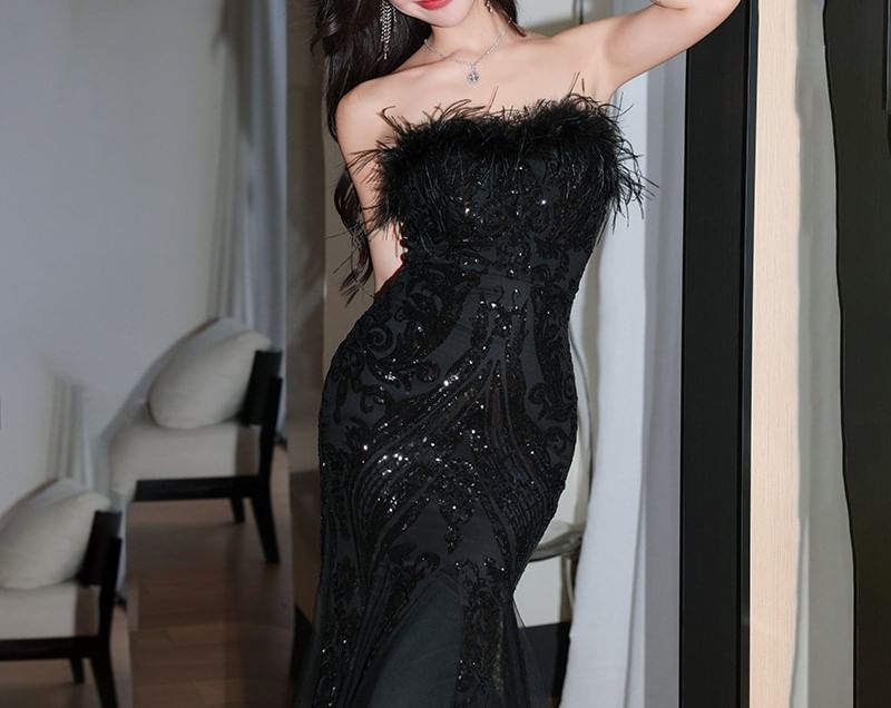 Strapless Sequin Feather Trim Mesh Trumpet Evening Gown