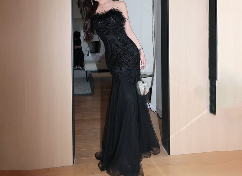 Strapless Sequin Feather Trim Mesh Trumpet Evening Gown