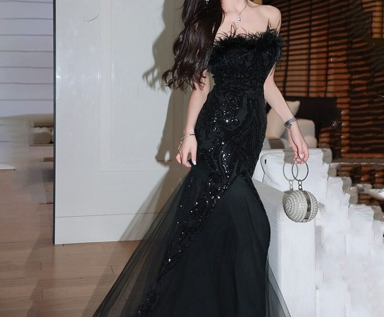 Strapless Sequin Feather Trim Mesh Trumpet Evening Gown