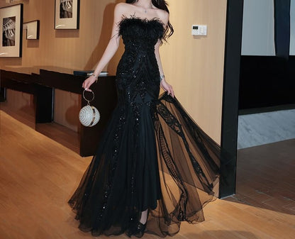 Strapless Sequin Feather Trim Mesh Trumpet Evening Gown