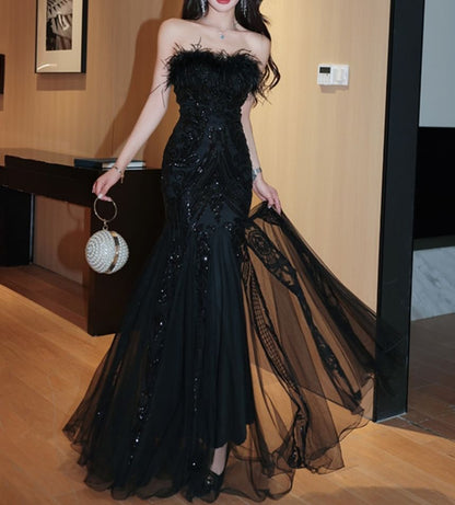 Strapless Sequin Feather Trim Mesh Trumpet Evening Gown