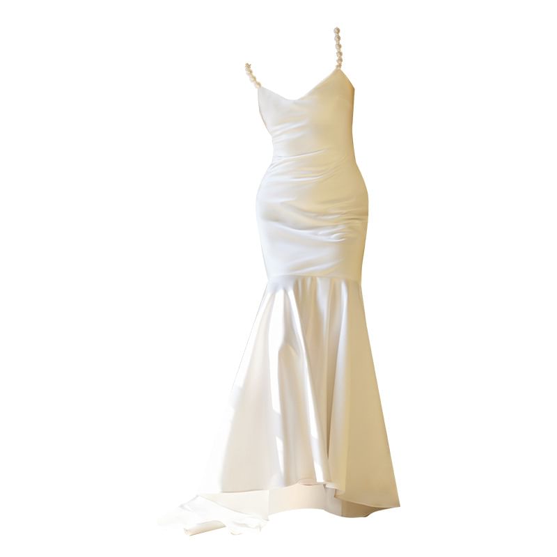 Faux Pearl Strap V-Neck Plain Trained Satin Trumpet Wedding Gown