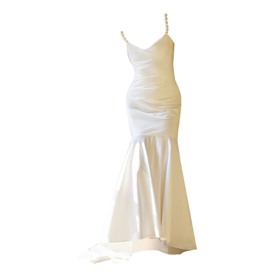 Faux Pearl Strap V-Neck Plain Trained Satin Trumpet Wedding Gown
