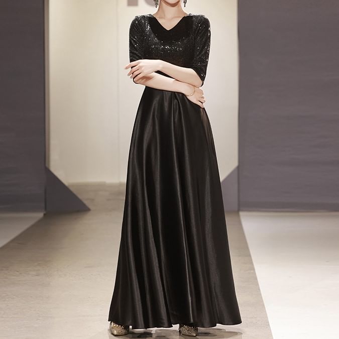 Elbow-Sleeve V-Neck Plain Sequin Panel A-Line Evening Gown