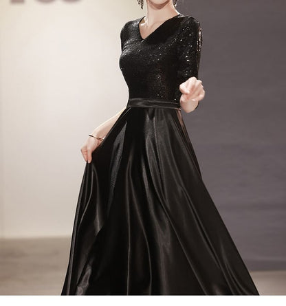 Elbow-Sleeve V-Neck Plain Sequin Panel A-Line Evening Gown