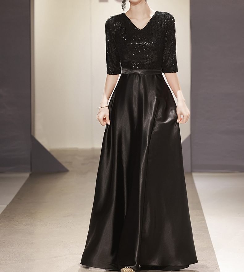 Elbow-Sleeve V-Neck Plain Sequin Panel A-Line Evening Gown