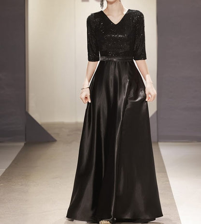 Elbow-Sleeve V-Neck Plain Sequin Panel A-Line Evening Gown