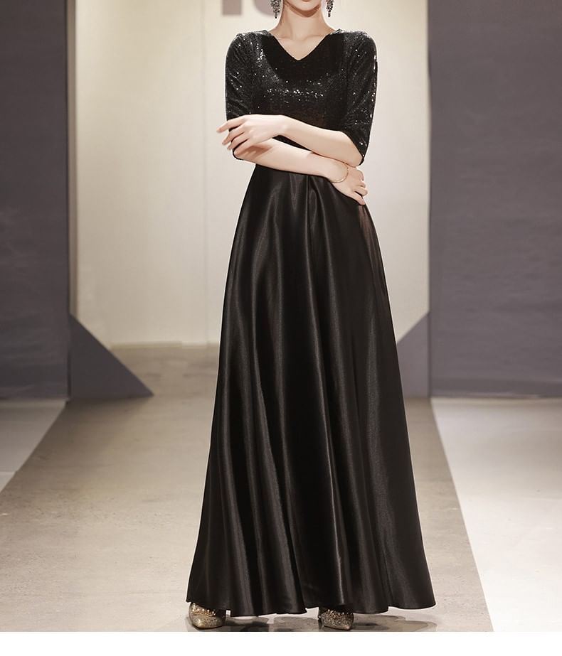 Elbow-Sleeve V-Neck Plain Sequin Panel A-Line Evening Gown