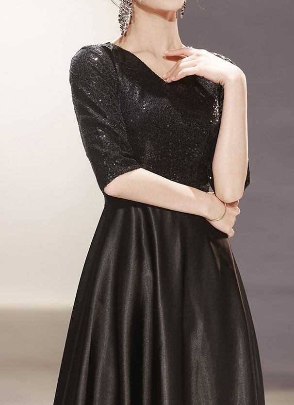 Elbow-Sleeve V-Neck Plain Sequin Panel A-Line Evening Gown
