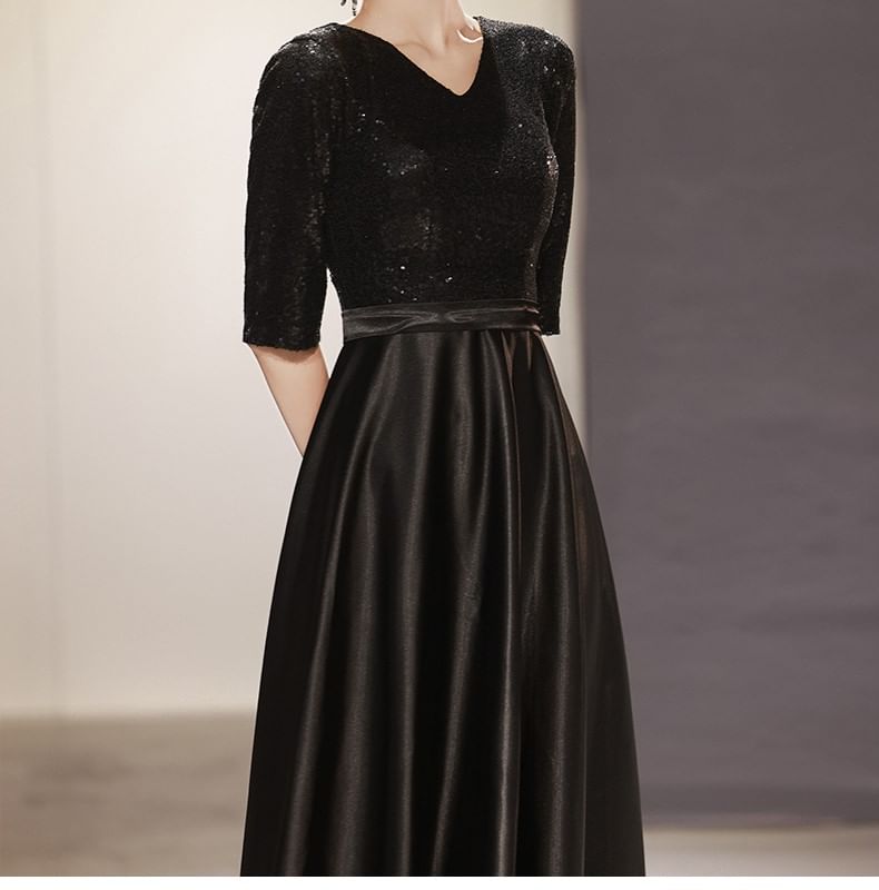 Elbow-Sleeve V-Neck Plain Sequin Panel A-Line Evening Gown