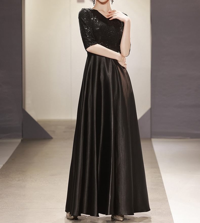 Elbow-Sleeve V-Neck Plain Sequin Panel A-Line Evening Gown