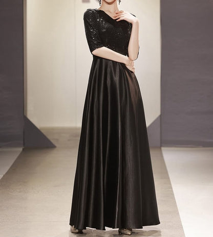 Elbow-Sleeve V-Neck Plain Sequin Panel A-Line Evening Gown