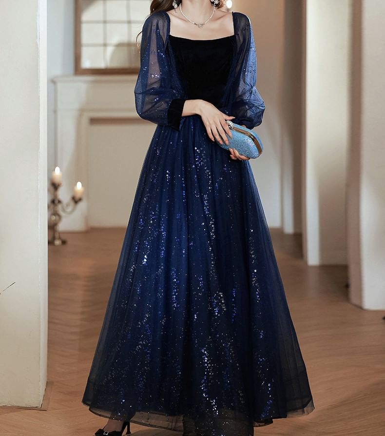 Long-Sleeve Square Neck Sequin A-Line Evening Gown