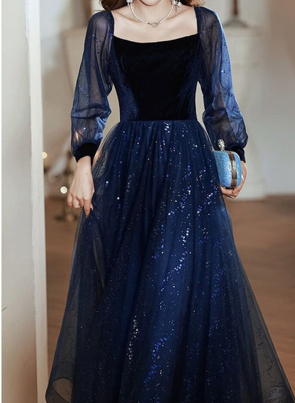 Long-Sleeve Square Neck Sequin A-Line Evening Gown