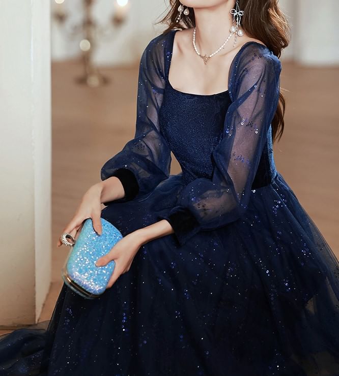 Long-Sleeve Square Neck Sequin A-Line Evening Gown
