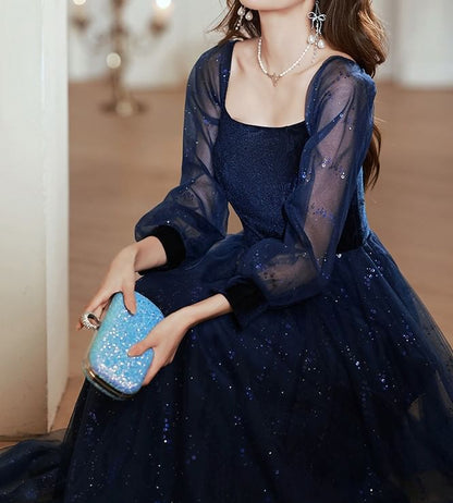 Long-Sleeve Square Neck Sequin A-Line Evening Gown