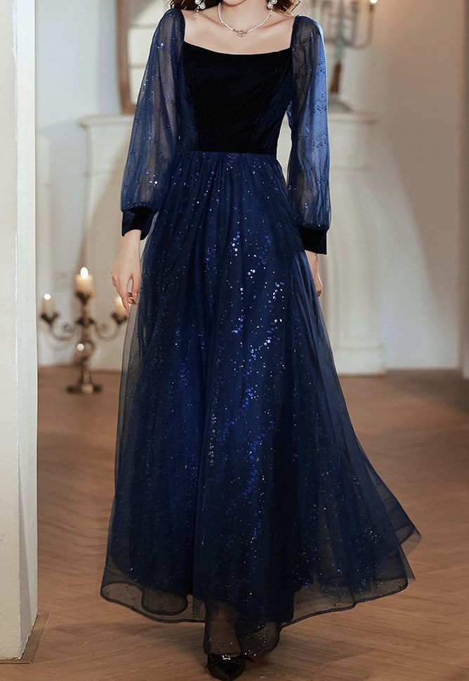 Long-Sleeve Square Neck Sequin A-Line Evening Gown