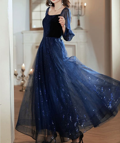 Long-Sleeve Square Neck Sequin A-Line Evening Gown