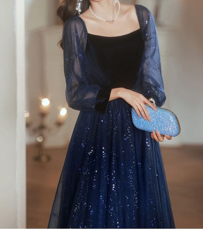 Long-Sleeve Square Neck Sequin A-Line Evening Gown