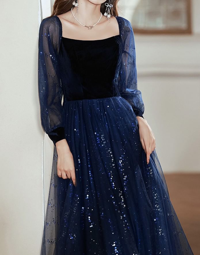 Long-Sleeve Square Neck Sequin A-Line Evening Gown