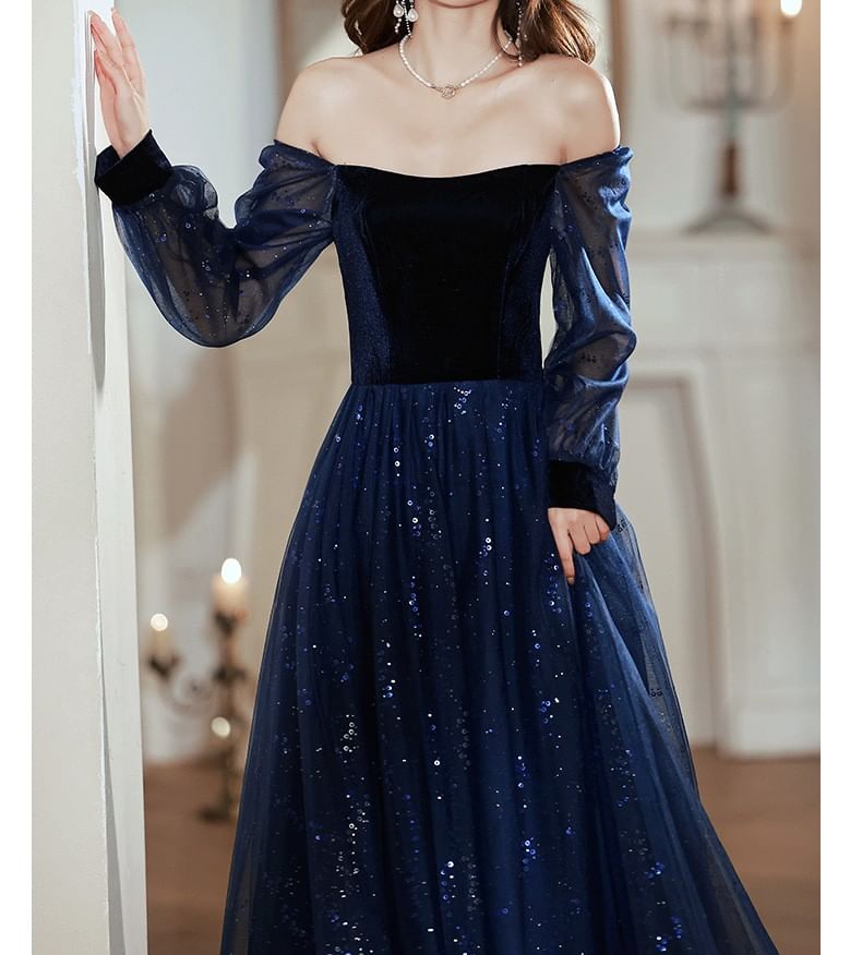 Long-Sleeve Square Neck Sequin A-Line Evening Gown