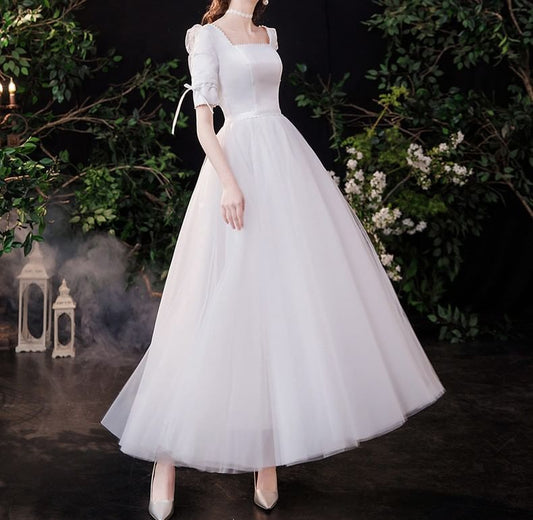 Elbow-Sleeve Square Neck Plain Faux Pearl Accent Satin Maxi A-Line Wedding Dress