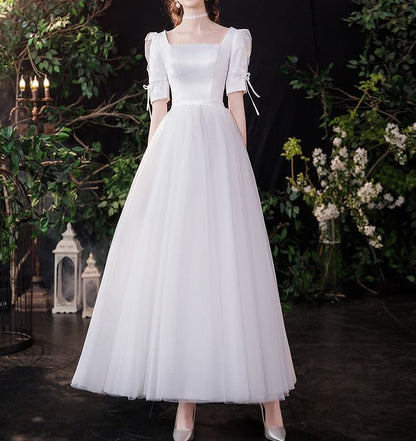 Elbow-Sleeve Square Neck Plain Faux Pearl Accent Satin Maxi A-Line Wedding Dress