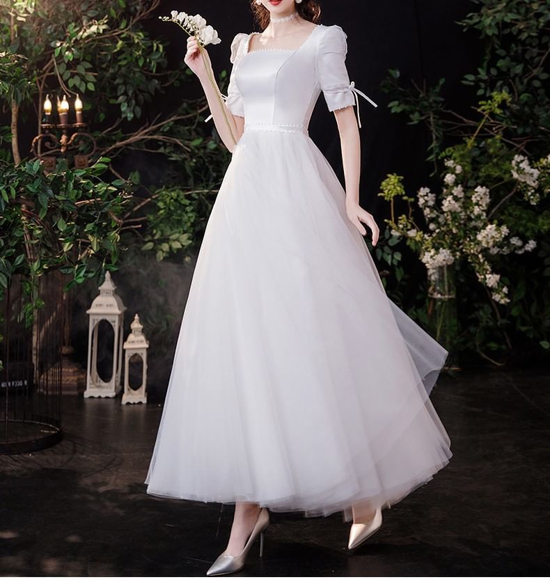 Elbow-Sleeve Square Neck Plain Faux Pearl Accent Satin Maxi A-Line Wedding Dress
