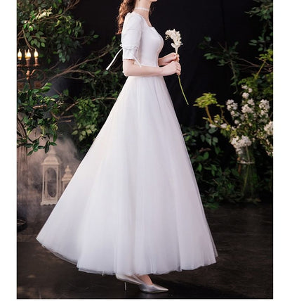 Elbow-Sleeve Square Neck Plain Faux Pearl Accent Satin Maxi A-Line Wedding Dress