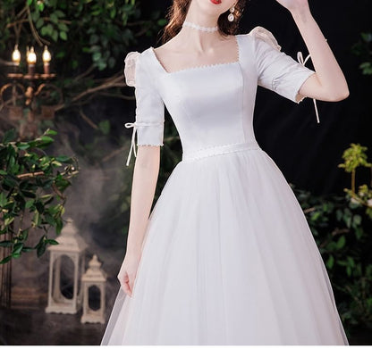 Elbow-Sleeve Square Neck Plain Faux Pearl Accent Satin Maxi A-Line Wedding Dress