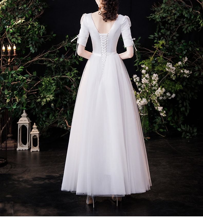 Elbow-Sleeve Square Neck Plain Faux Pearl Accent Satin Maxi A-Line Wedding Dress