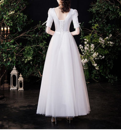 Elbow-Sleeve Square Neck Plain Faux Pearl Accent Satin Maxi A-Line Wedding Dress