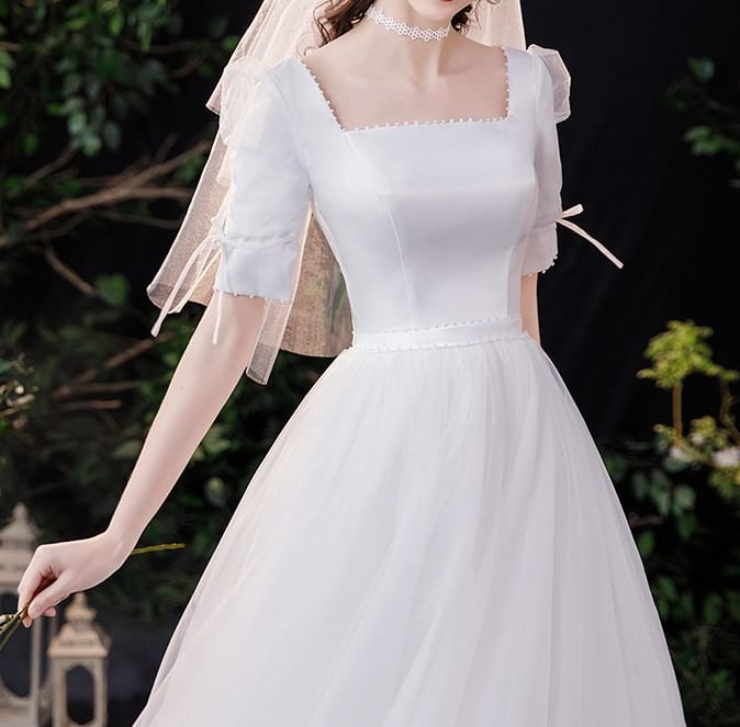 Elbow-Sleeve Square Neck Plain Faux Pearl Accent Satin Maxi A-Line Wedding Dress