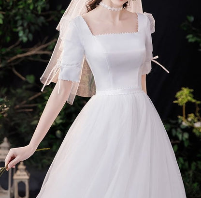 Elbow-Sleeve Square Neck Plain Faux Pearl Accent Satin Maxi A-Line Wedding Dress