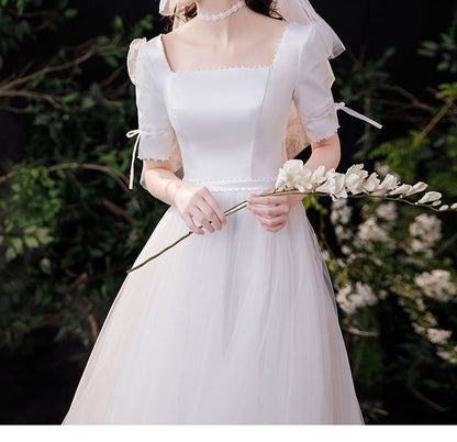 Elbow-Sleeve Square Neck Plain Faux Pearl Accent Satin Maxi A-Line Wedding Dress