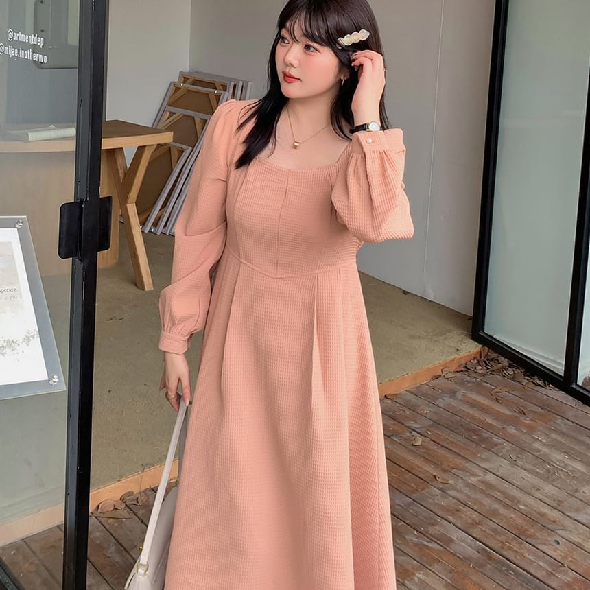 Plus Size Long-Sleeve Square Neck Plain Waffle Midi A-Line Dress