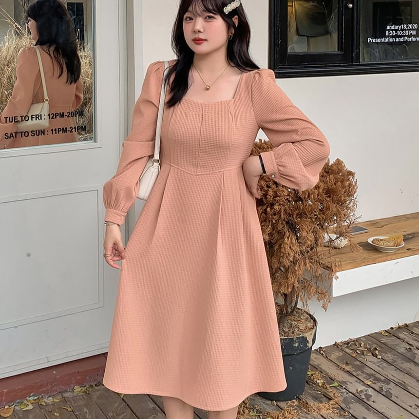 Plus Size Long-Sleeve Square Neck Plain Waffle Midi A-Line Dress