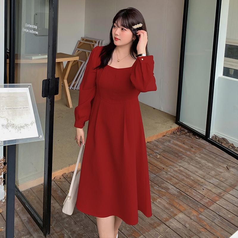 Plus Size Long-Sleeve Square Neck Plain Waffle Midi A-Line Dress