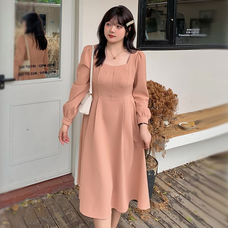 Plus Size Long-Sleeve Square Neck Plain Waffle Midi A-Line Dress