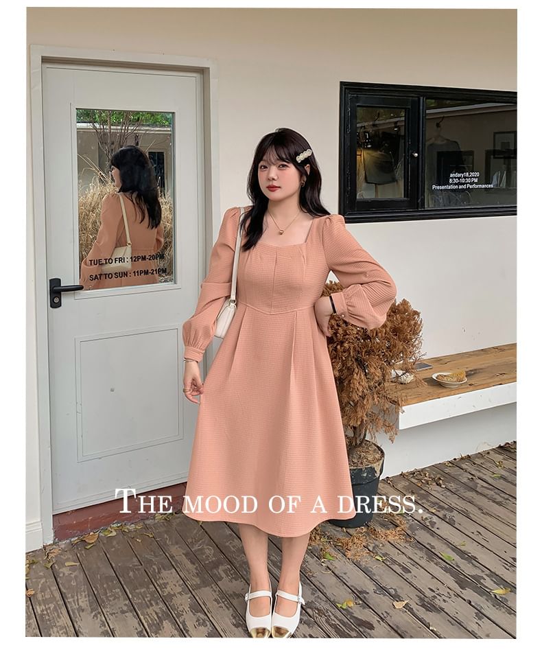 Plus Size Long-Sleeve Square Neck Plain Waffle Midi A-Line Dress