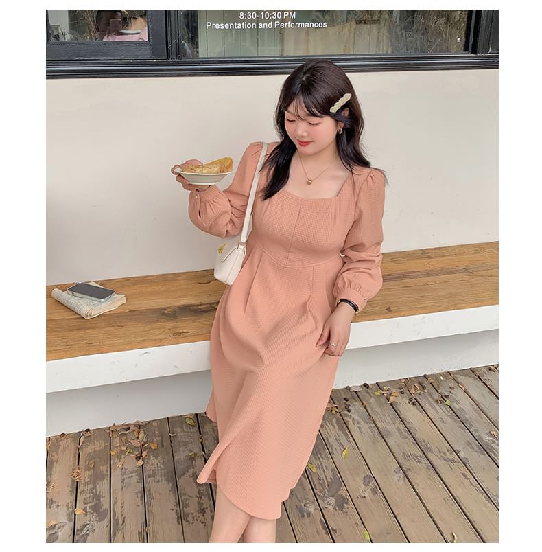 Plus Size Long-Sleeve Square Neck Plain Waffle Midi A-Line Dress