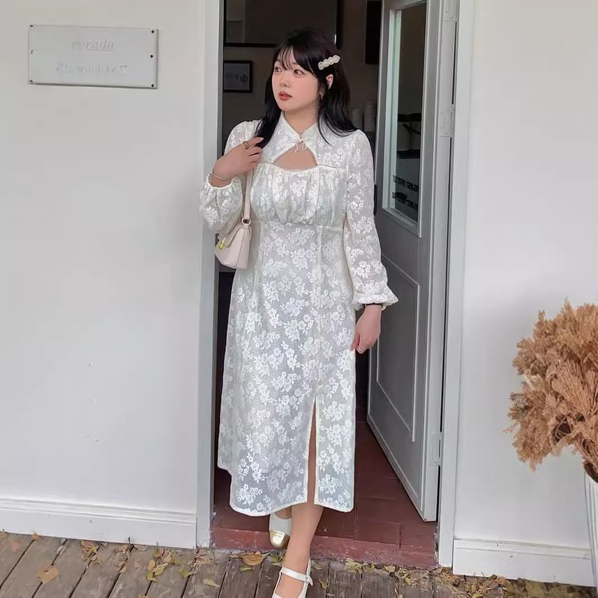 Plus Size Long-Sleeve Stand Collar Cutout Frog Buttoned Slit Lace Midi A-Line Dress