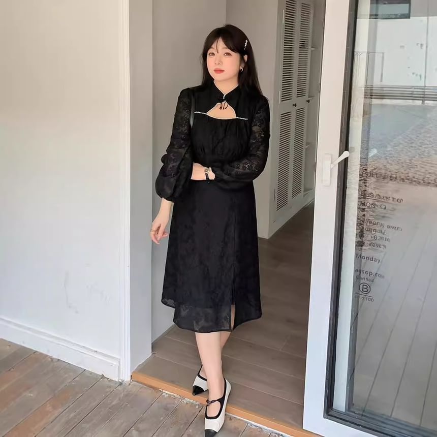 Plus Size Long-Sleeve Stand Collar Cutout Frog Buttoned Slit Lace Midi A-Line Dress