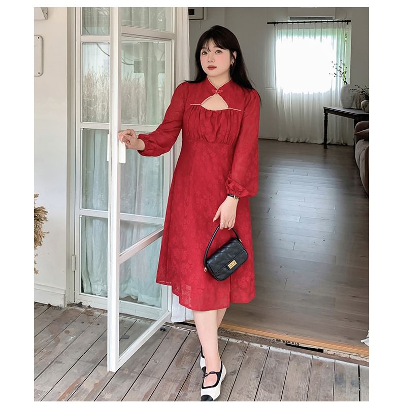 Plus Size Long-Sleeve Stand Collar Cutout Frog Buttoned Slit Lace Midi A-Line Dress