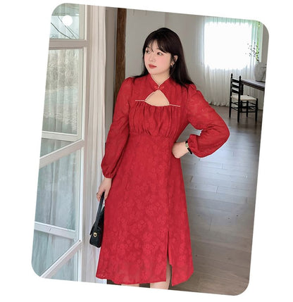 Plus Size Long-Sleeve Stand Collar Cutout Frog Buttoned Slit Lace Midi A-Line Dress