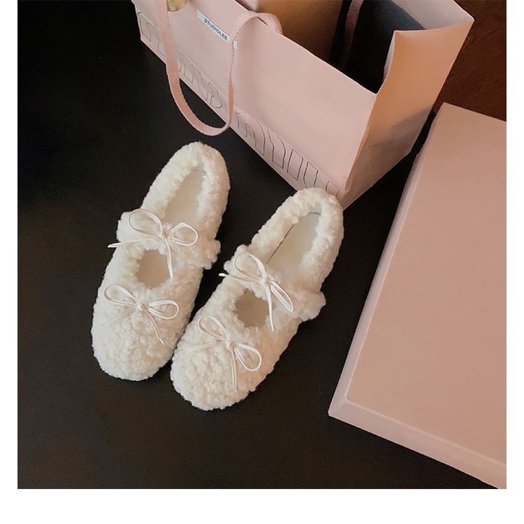 Bow Fleece Hidden Wedge Mary Jane Shoes
