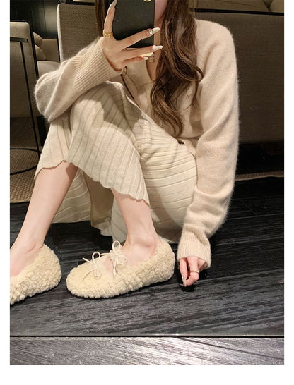 Bow Fleece Hidden Wedge Mary Jane Shoes