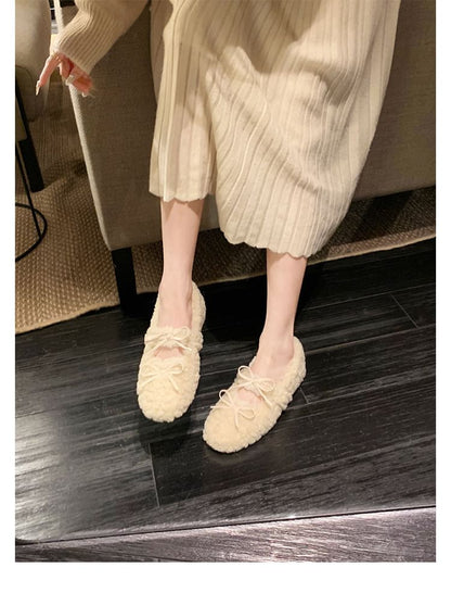 Bow Fleece Hidden Wedge Mary Jane Shoes