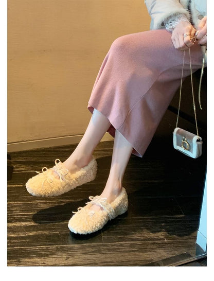 Bow Fleece Hidden Wedge Mary Jane Shoes