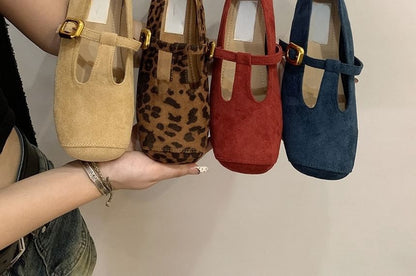 Square Toe T-Strap Faux Suede Flats